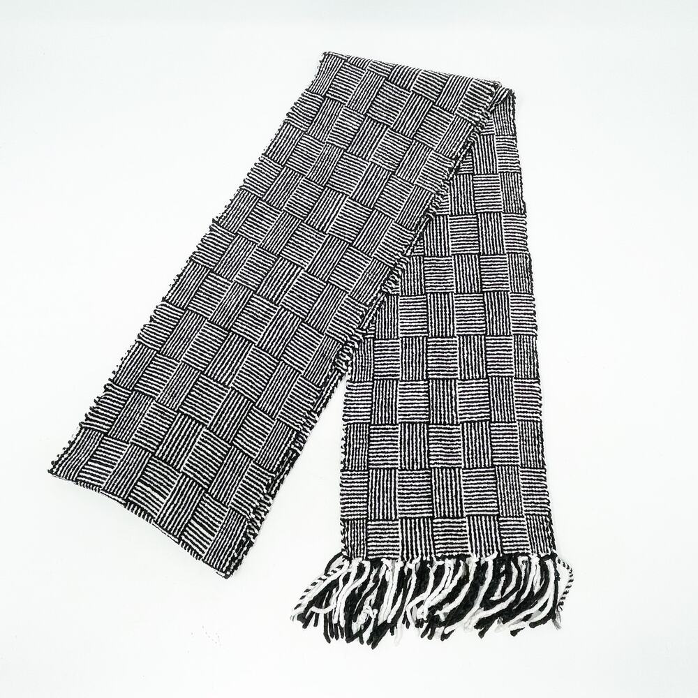 Modern Black White Chenille Fringe Scarf Checkerboard Stripe Geometric Soft